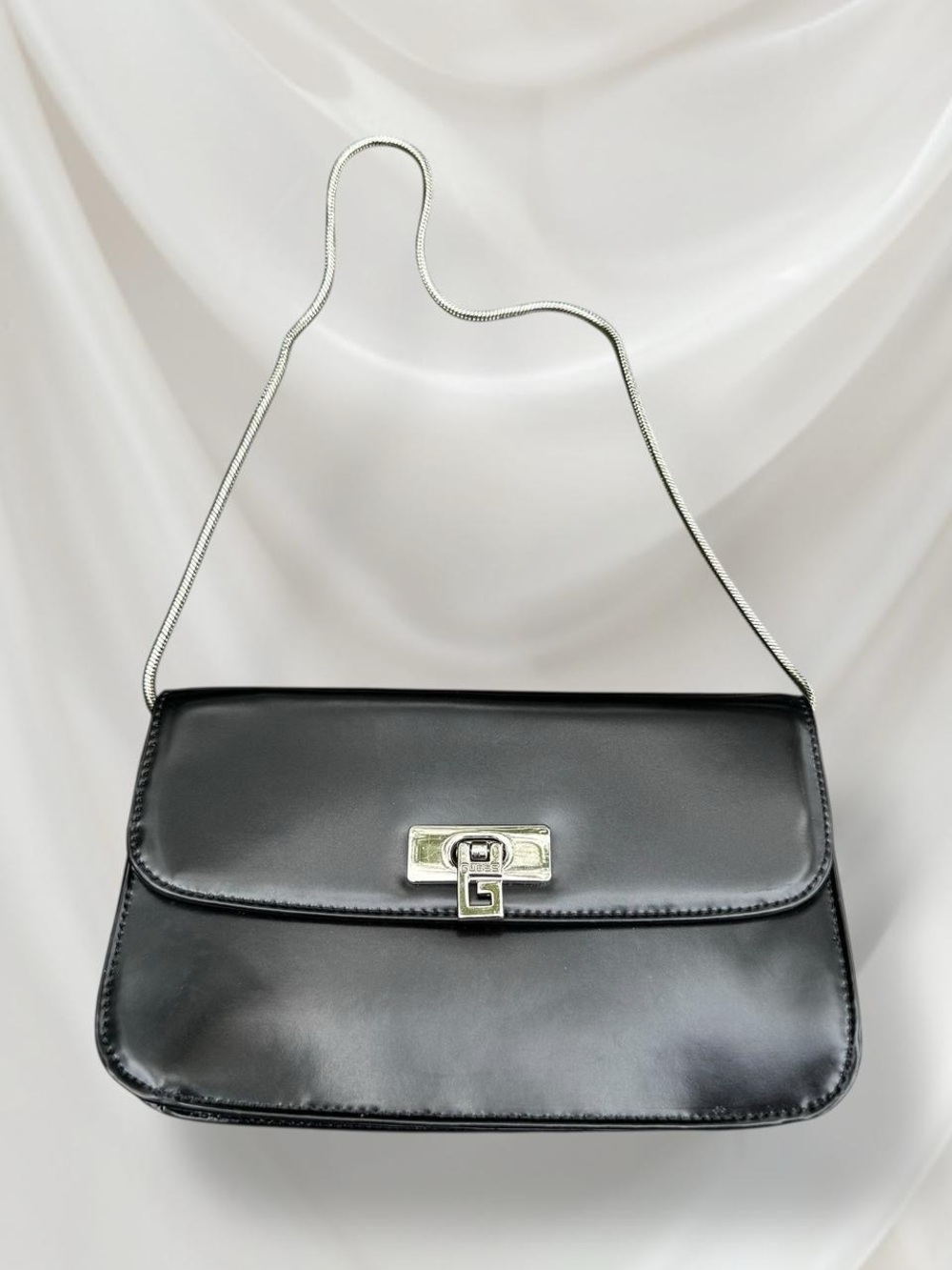 Black Leather Shoulder Bag with Silver Chain